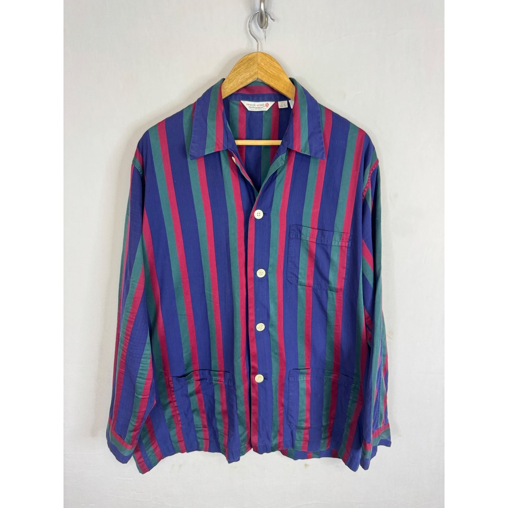 Derek Rose Mens Pajama Top Large Made in England Cotton Striped Blue Green Red